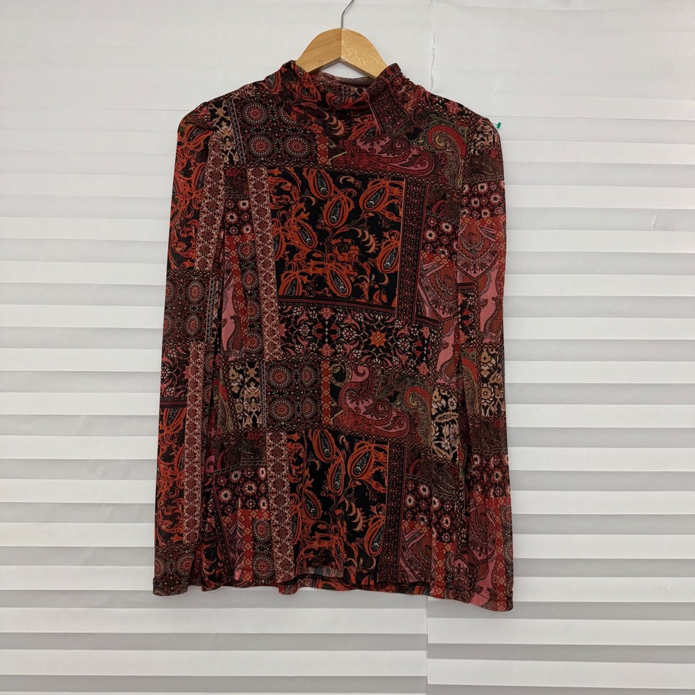 Jane + Delancey‎ Red Patchwork Paisley Mock Neck Mesh Lined Boho Top Large - Picture 2 of 8